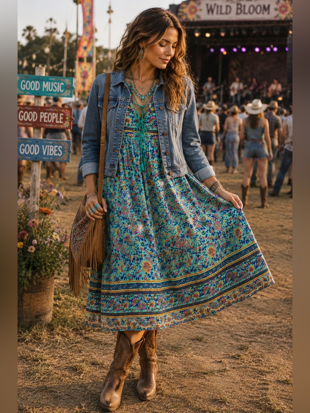 R Vivimos Boho Floral Midi Dress Womens M Teal Tassel Tie V Neck NWT Peasant A4 - Picture 3 of 15